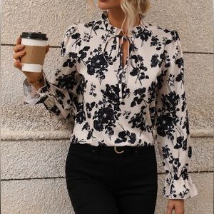 SHEIN Black Floral Cream Ruffle Long Sleeve Shirt Size Large